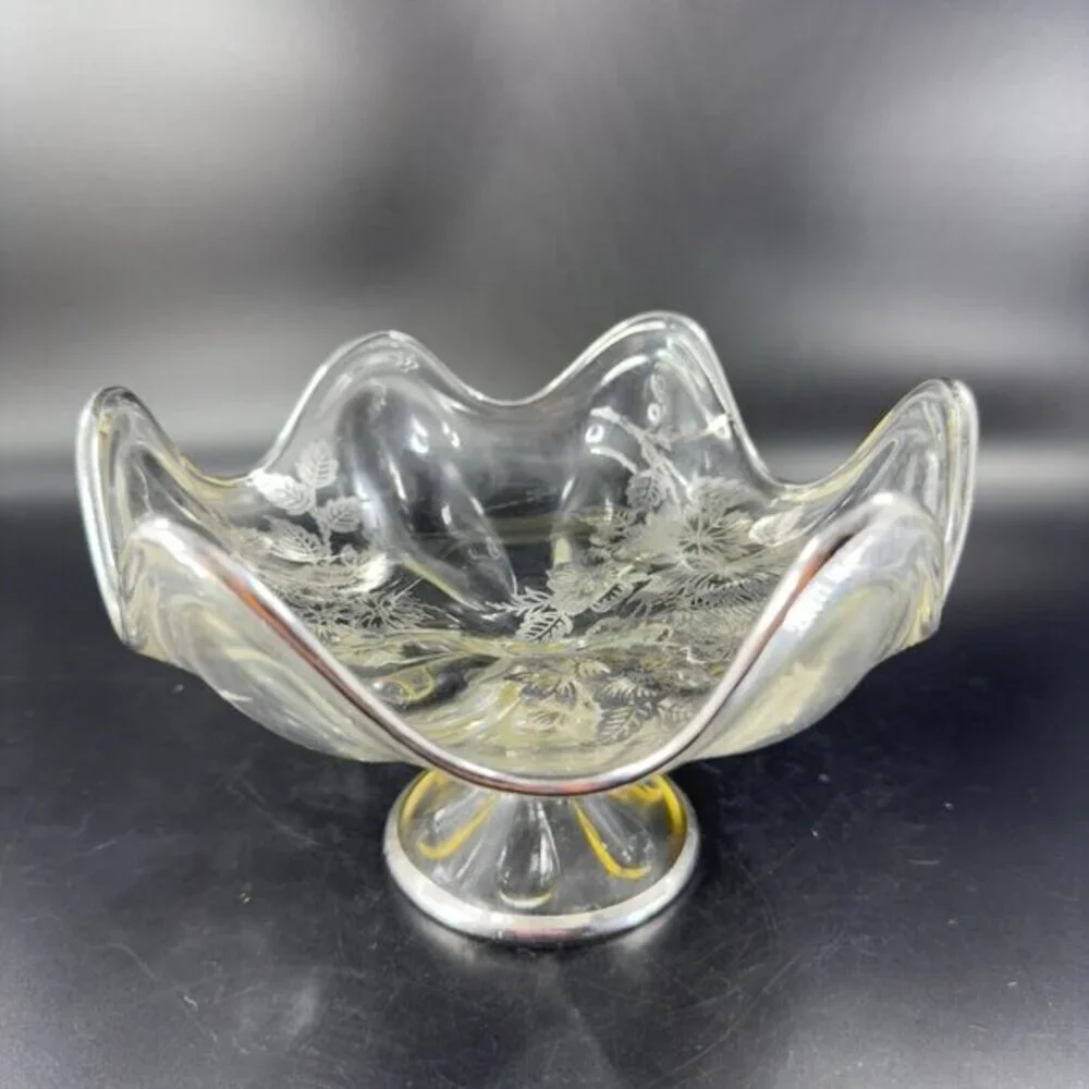 Vintage Viking Clear Footed Dish Bowl With Silver Overlay Flowers Pattern‎ VTG